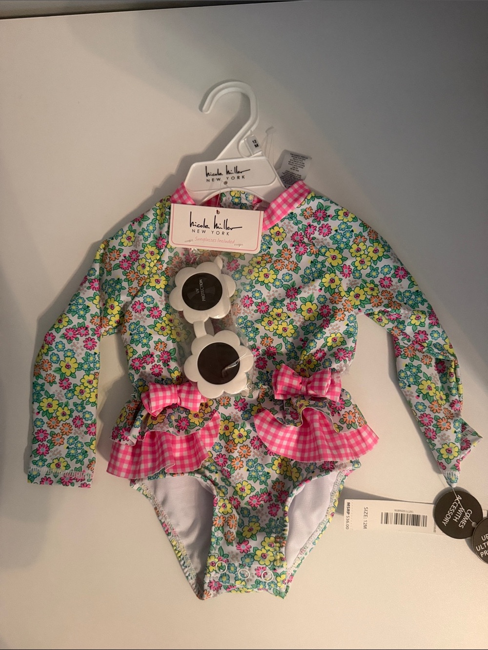Nicole Miller Girls' Floral Long-Sleeve Pink Swimsuit with Ruffle Bows